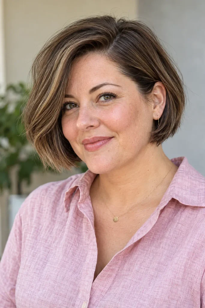 Real woman in her late 30s with a round face wearing a side-parted short jaw-length bob haircut with softly beveled ends and natural movement, dressed in a pink linen blouse.
