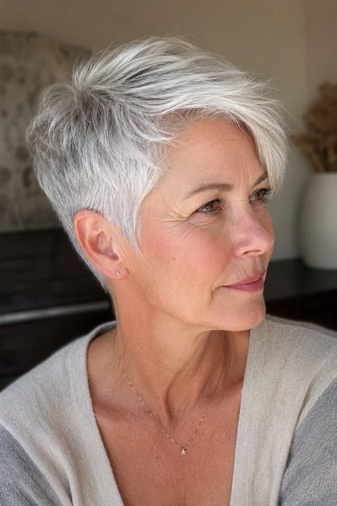 A realistic 64-year-old white woman with fine silver hair styled in a side-parted textured crop, featuring softly tapered sides, a defined side part, textured top, and airy crown volume, wearing a modern Western dress in natural daylight.