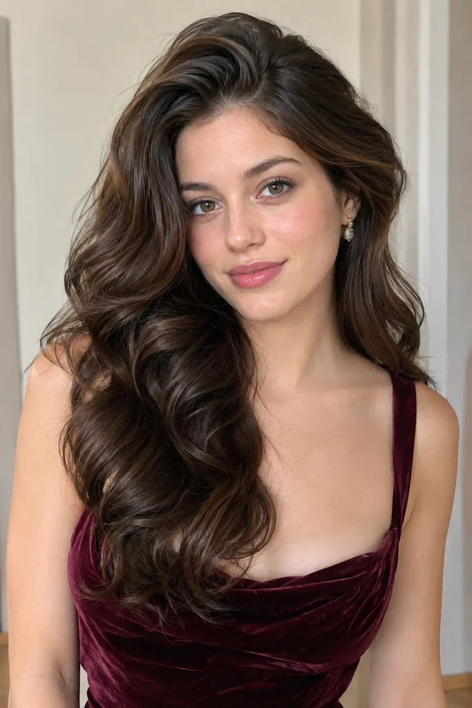 Young woman in her early 20s with deep side-parted voluminous waves, lifted roots, and smooth cascading hair texture, wearing a sleeveless velvet evening dress.