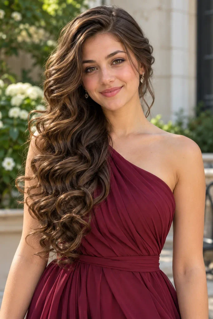 Real young woman in her early 20s wearing a rich burgundy one-shoulder dress with long side-swept loose curls and a deep side part, elegant hairstyle with natural texture and soft daylight.