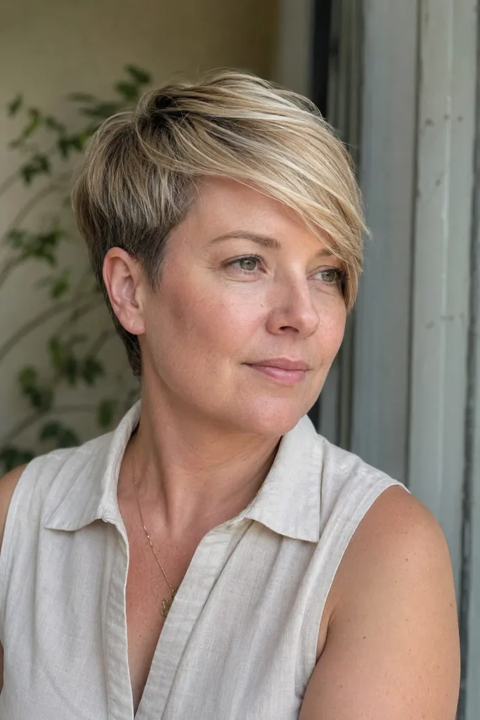 woman in her early 40s with a chic side-swept pixie haircut, featuring a longer textured fringe swept diagonally across her forehead, tapered sides and nape, photographed in natural daylight wearing a light linen sleeveless blouse.