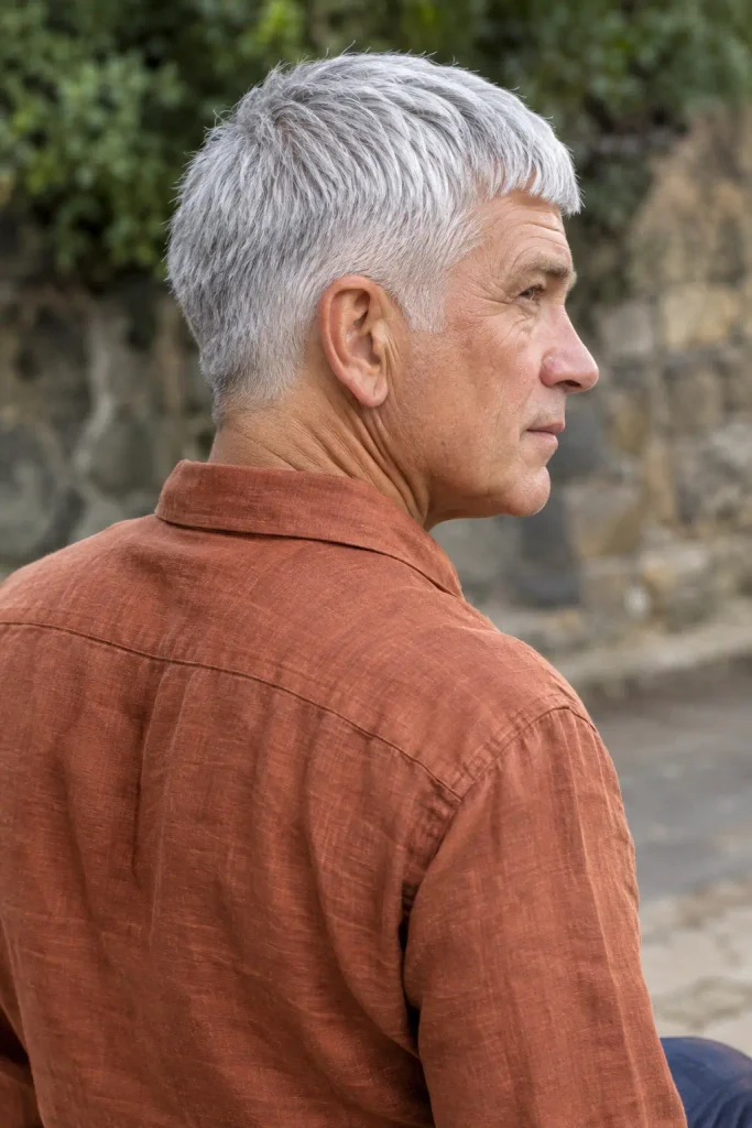 Silver Caesar cut as a distinctive option among Hairstyles for Men Over 60.