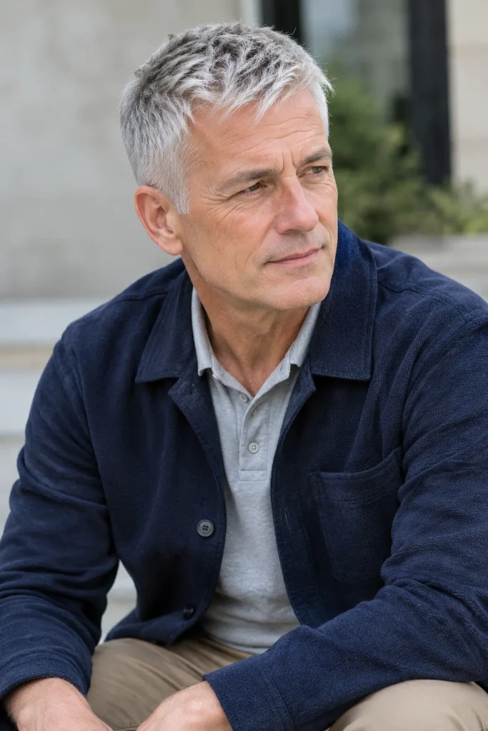 Silver brush-forward style among easy Hairstyles for Men Over 60.