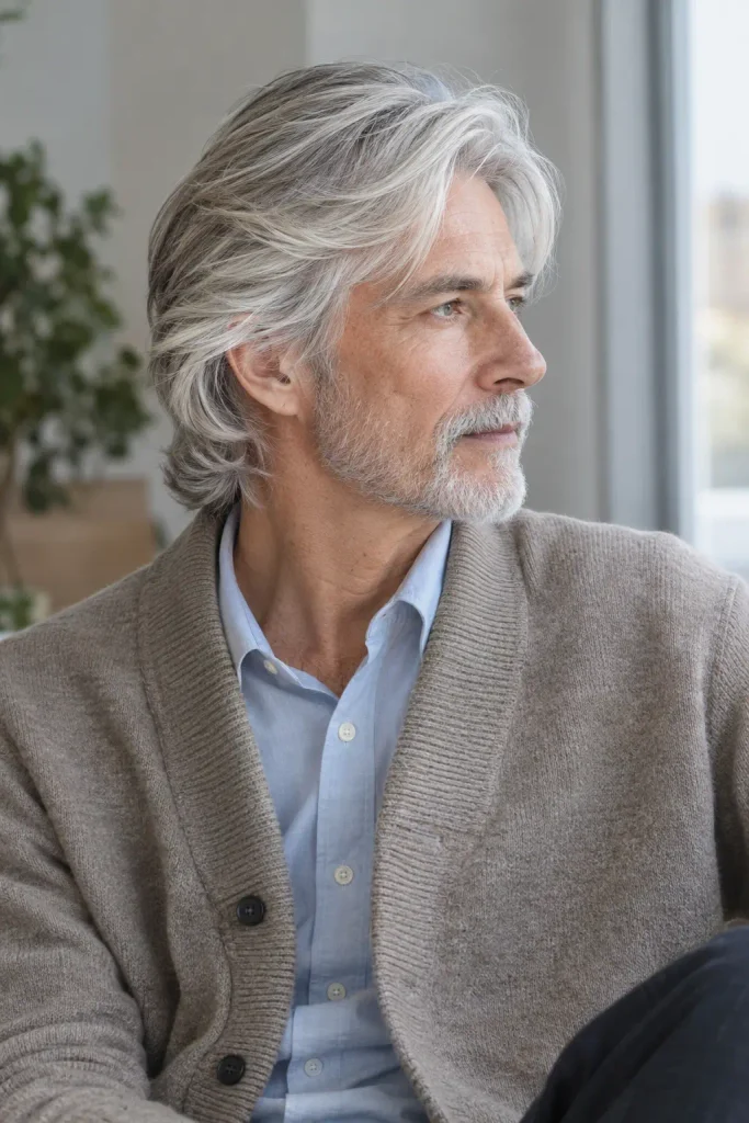 Silver feathered layers featured in elegant Hairstyles for Men Over 60.