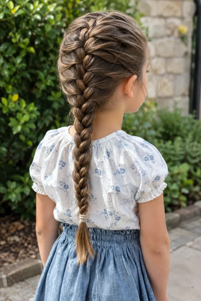 Young girl with a long French braid extending from the crown down her back, shown from a rear three-quarter angle in natural daylight.

