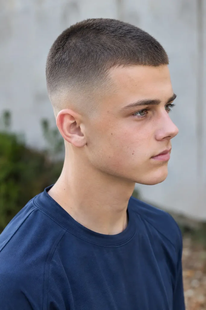 teenage boy with a very short buzz cut and precise skin fade, shown from a three-quarter side angle in a navy athletic T-shirt, highlighting natural hair and scalp texture.