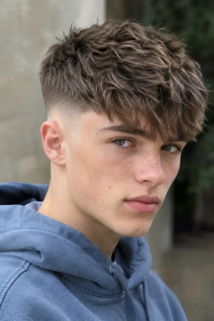 Photorealistic white teenage boy with a skin fade and textured forward fringe, wearing a faded blue hoodie in natural daylight.