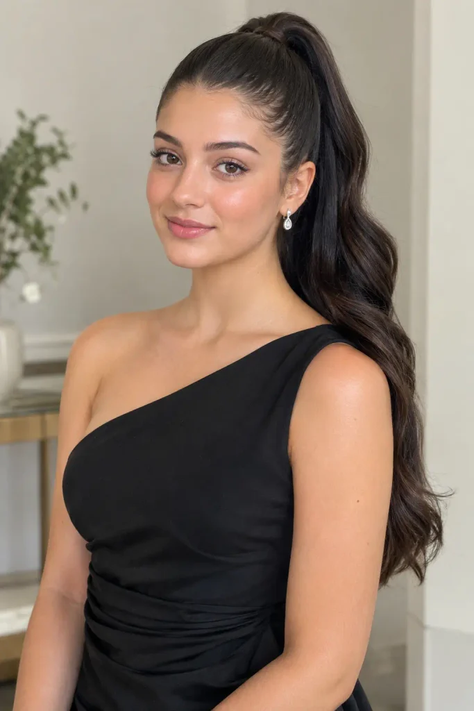 Young woman in her early 20s wearing a black one-shoulder evening dress with a sleek high ponytail and long softly waved hair, posed against a neutral elegant background.