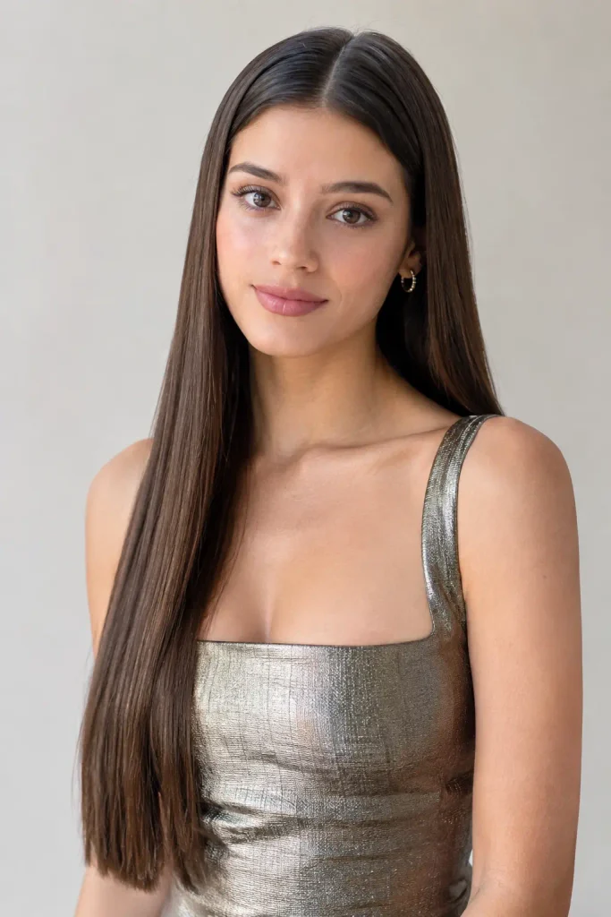 Young woman with sleek ultra-straight dark brown hair, precise middle part, and glossy natural lengths wearing a metallic square-neck evening dress.