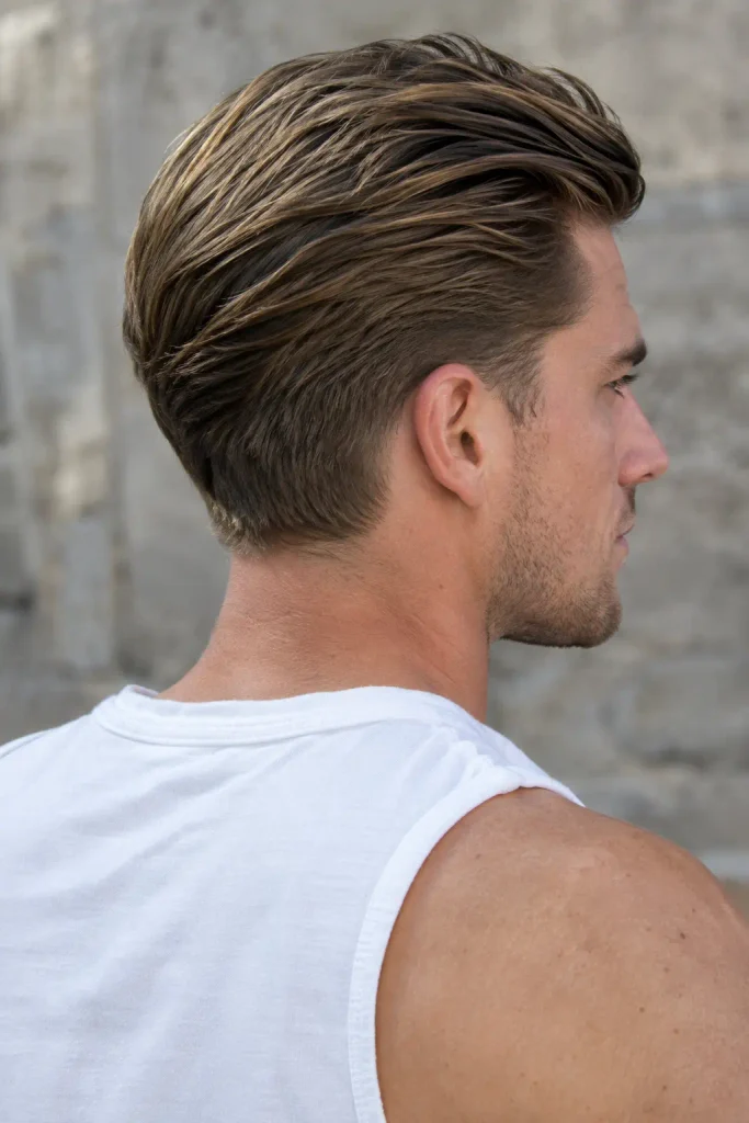 white young man with dark-blond slicked-back hair and low taper, viewed from a three-quarter rear angle outdoors against a muted stone background.