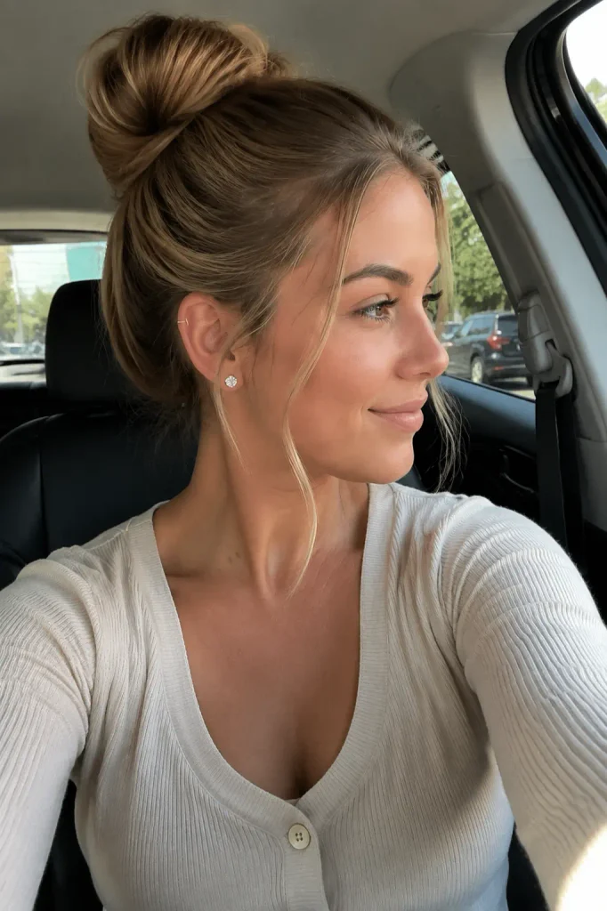 woman taking a car selfie while wearing a soft ballerina bun hairstyle with loose face-framing strands and natural hair texture.