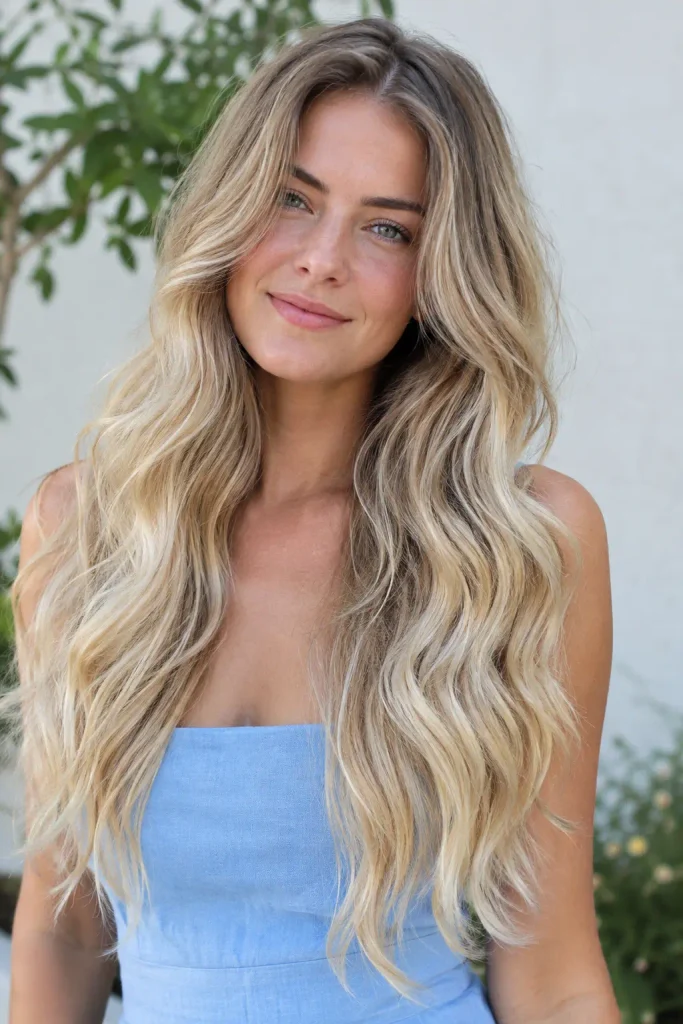 Soft seamless blonde ombré on a young woman with very long loose waves, transitioning from darker roots through beige and honey blonde to creamy blonde ends.
