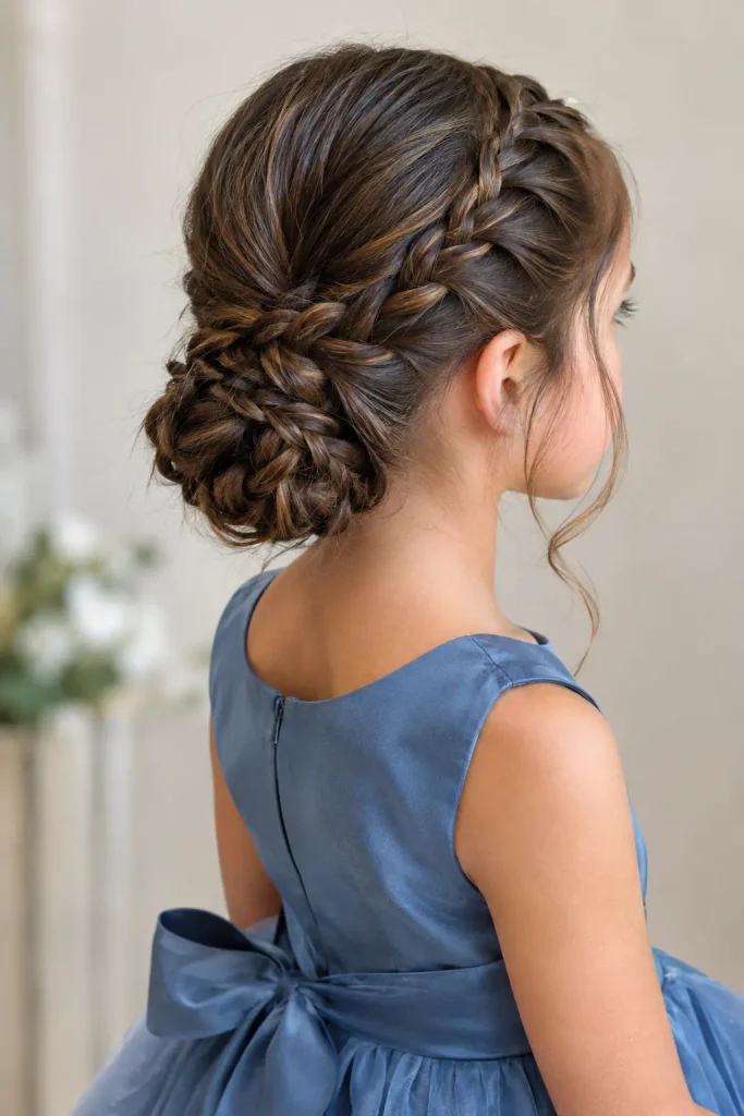 9-year-old girl with a soft braided updo gathered into a low bun, viewed from a rear three-quarter angle, wearing an elegant blue celebration dress.