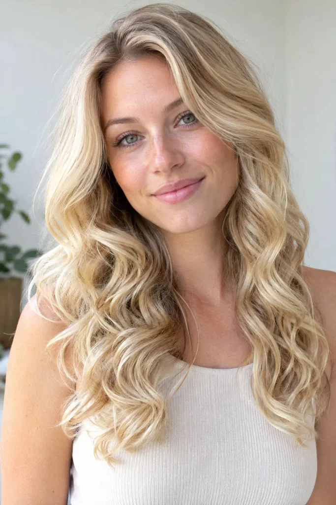 young white woman with soft butter blonde hair, creamy pale golden blonde tones and natural darker roots, wearing loose voluminous curls and a sleeveless cream top in natural daylight.