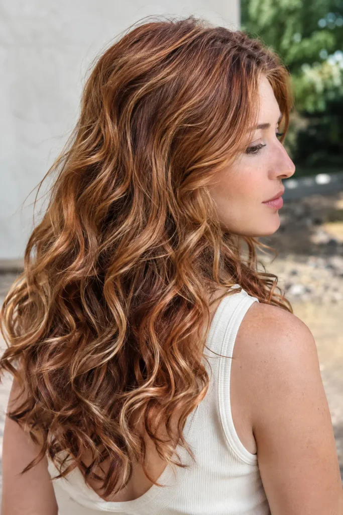 young woman with medium-long soft copper hair blending golden blonde and subtle auburn tones, styled in loose natural curls, viewed from the side rear outdoors.