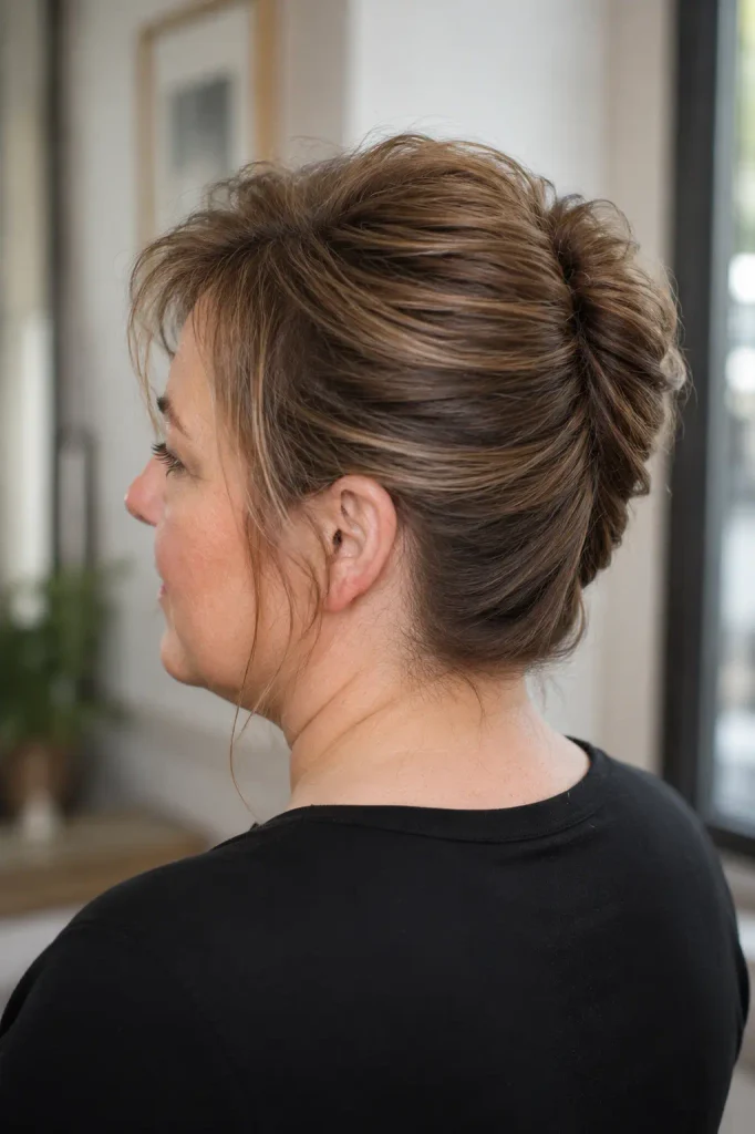 white woman with a round face wearing a soft French twist updo for medium-length hair, featuring gentle crown volume, wispy strands, and detailed brown hair texture, dressed in a black shirt.