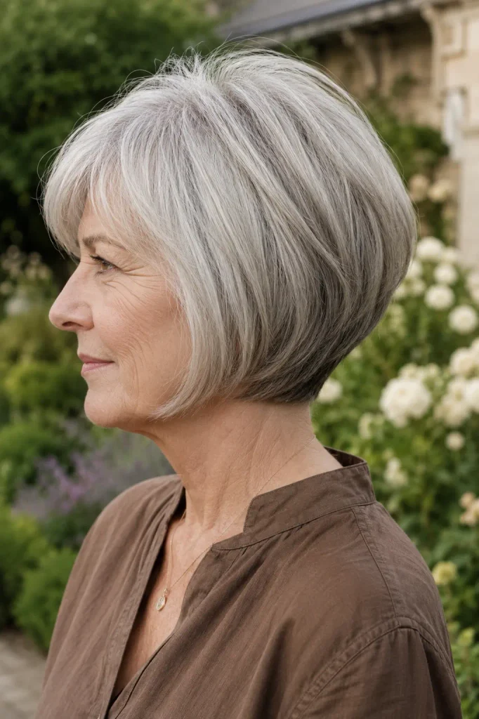 a 68-year-old white woman with fine silver-gray hair styled in a soft graduated bob, shorter at the nape and gradually longer toward the front, with subtle crown volume and clean ends, wearing a brown linen blouse in a refined English garden.