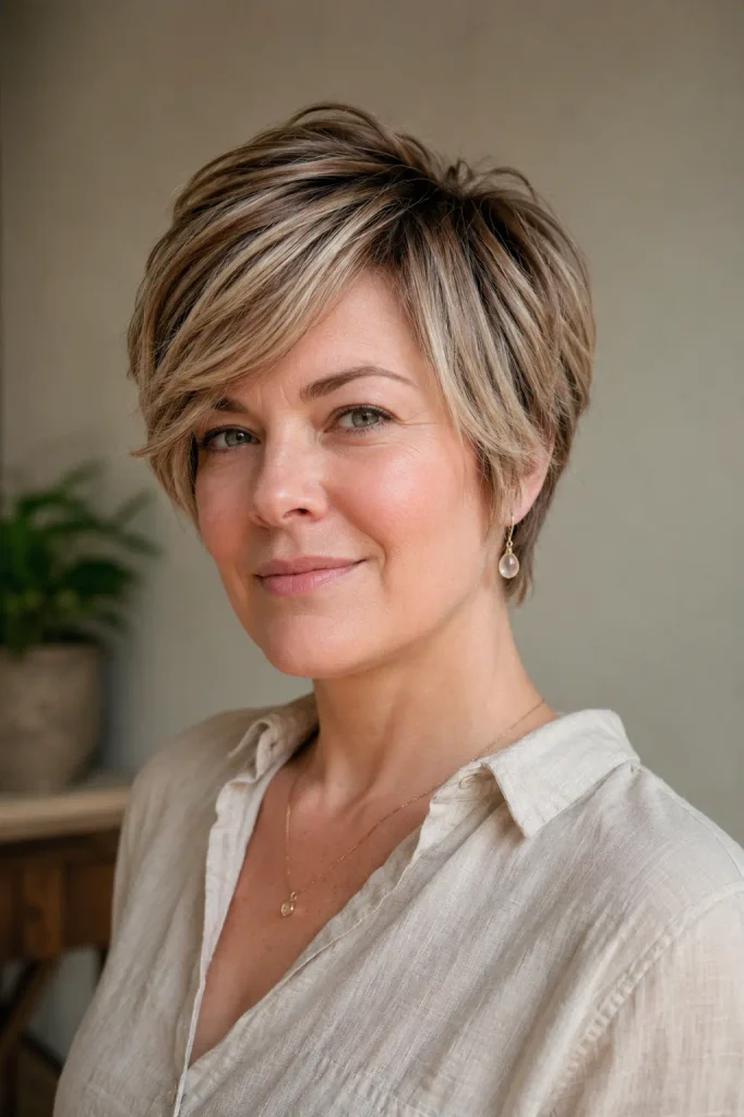 Soft layered pixie bob haircut on a white woman in her early 40s with a round face, feathered crown layers, side-swept fringe, and natural textured hair.