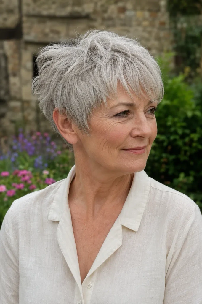 white woman in her early 60s with fine silver-gray hair wearing a soft layered pixie cut with subtle crown volume and textured ends, photographed in natural daylight in an English garden while wearing a cream linen blouse.