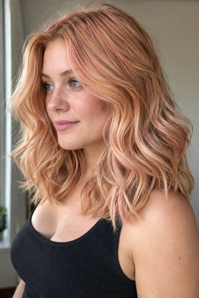young woman with shoulder-length soft peach strawberry blonde waves, darker strawberry roots, and creamy blonde highlights, shown in a natural side view with a black sleeveless top.