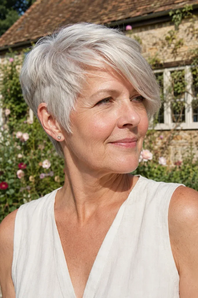 white woman in her early 60s with fine silver hair in a soft side-swept pixie haircut, featuring a longer textured fringe sweeping across the forehead, tapered sides, and neat nape, photographed in natural sunlight in an English garden while wearing an ivory linen blouse.