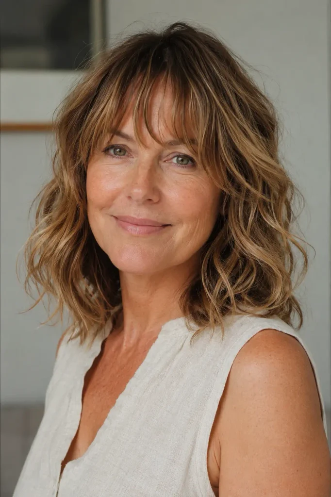 Photorealistic portrait of a 45-year-old white woman with soft natural waves, wispy bangs, and delicate face-framing pieces, wearing a lightweight linen top in natural daylight.

