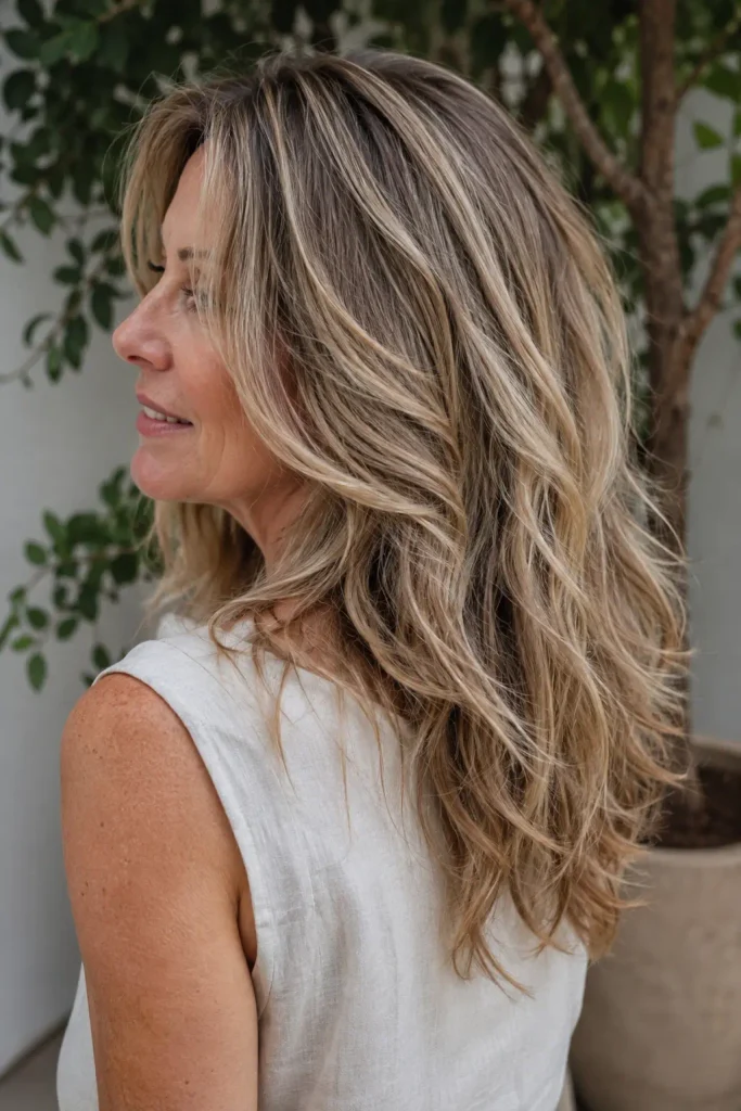 white woman aged 45–50 with long, softly layered wavy hair, natural flowing movement, and subtle face-framing pieces, shown in a three-quarter side view wearing a white linen summer top in a garden setting.