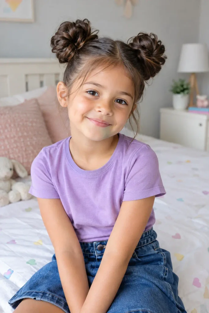 Two balanced space buns hairstyle on a young girl wearing a purple T-shirt and denim skirt, photographed in a softly lit bedroom.
