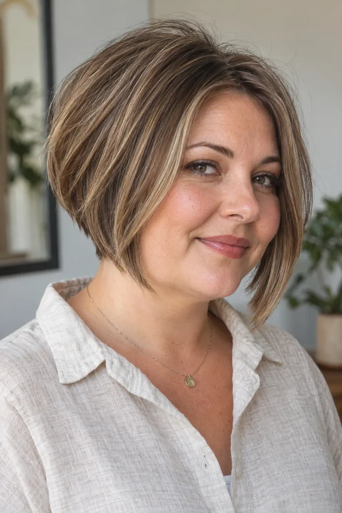 white woman in her early 40s with a round face wearing a stacked short bob with graduated layers, jaw-length front sections, and subtle crown volume, shown in three-quarter view with a linen shirt against a neutral background.