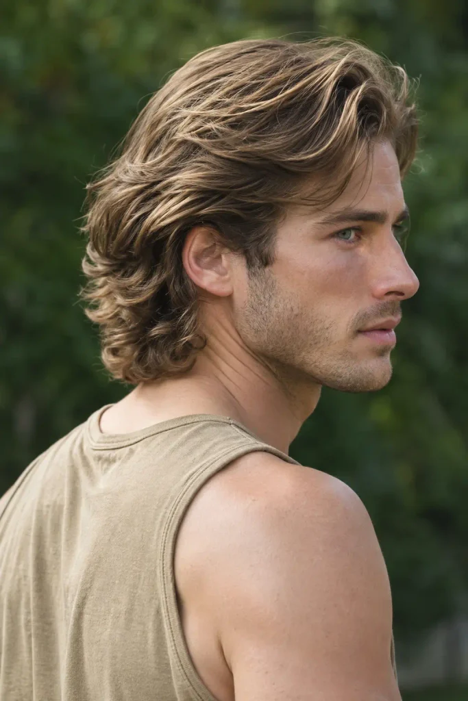 young white man with straight dark-blond bro flow haircut, featuring naturally swept-back medium-long layers, flowing length around the ears and nape, and realistic textured strands.