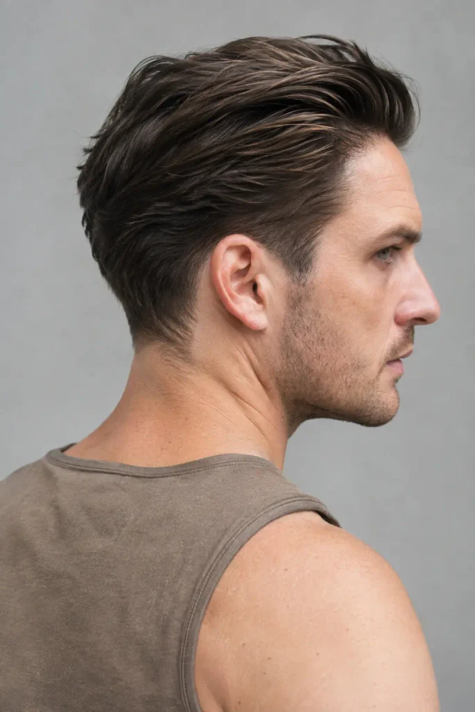 white man with dark-brown brushed-back tapered hair, shown from a three-quarter rear angle against a gray background.