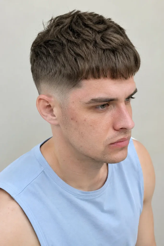 young man with straight medium-brown hair styled in a textured Caesar fade with a compact forward fringe and clean mid fade