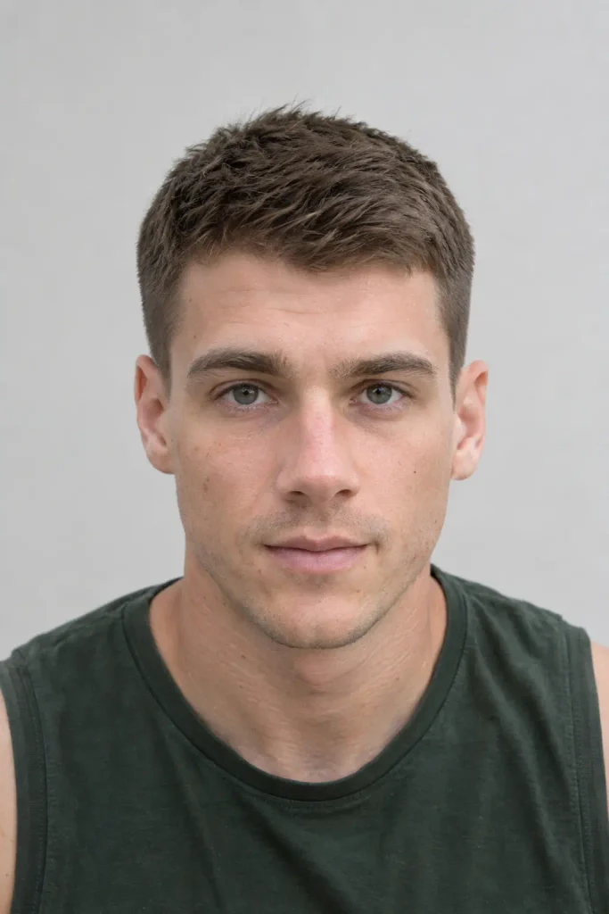 young white man with straight medium-brown hair in a clean textured crew cut, tapered sides, and neatly finished neckline, wearing a dark-green sleeveless shirt against a pale-gray background.