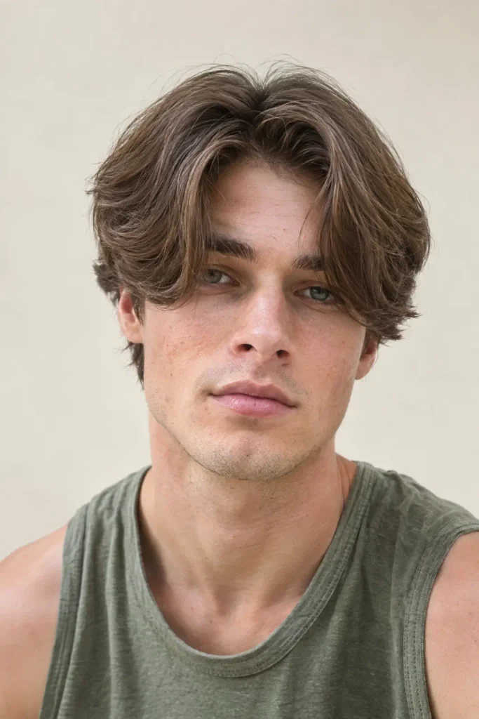 Young man with straight medium-brown curtain haircut, center part, layered sides, and natural flyaways, wearing a sage-green sleeveless top against a cream background.