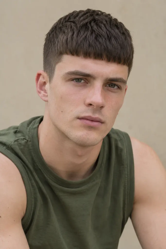 young white man with dark brown French crop haircut, short forward fringe, tapered sides, and natural skin texture wearing an olive-green sleeveless top outdoors