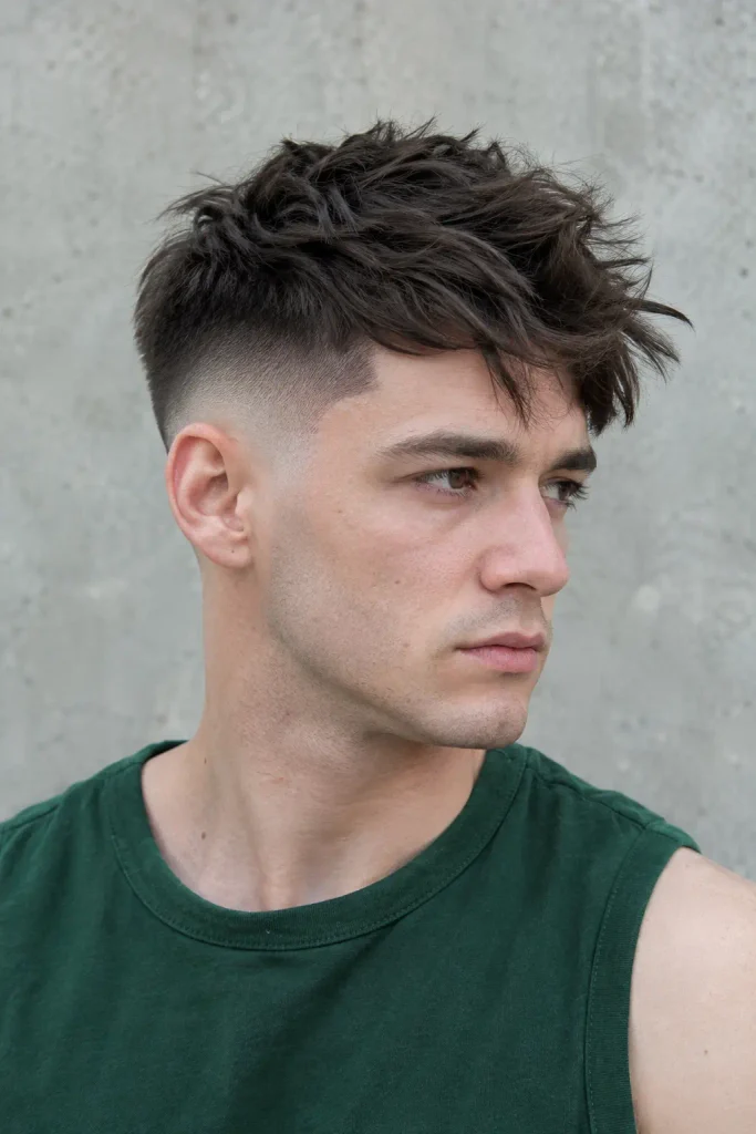 High skin fade with textured dark-brown hair on a young man, styled with separated piecey strands and a clean tapered neckline.
