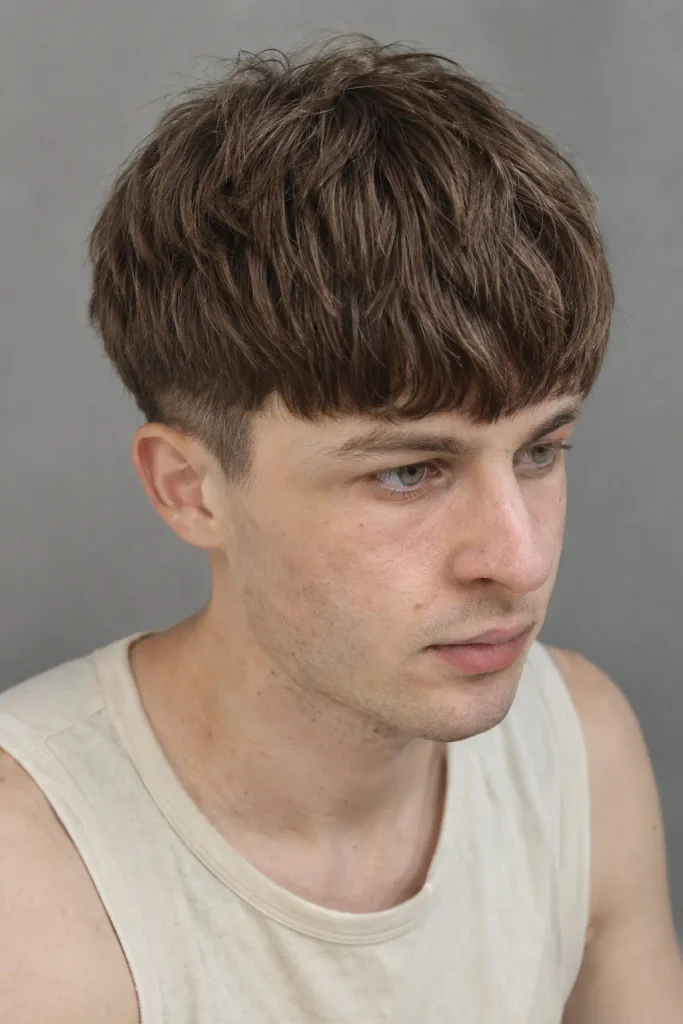 27-year-old man with medium-brown textured bowl cut and irregular fringe, wearing a cream sleeveless shirt against a gray background.

