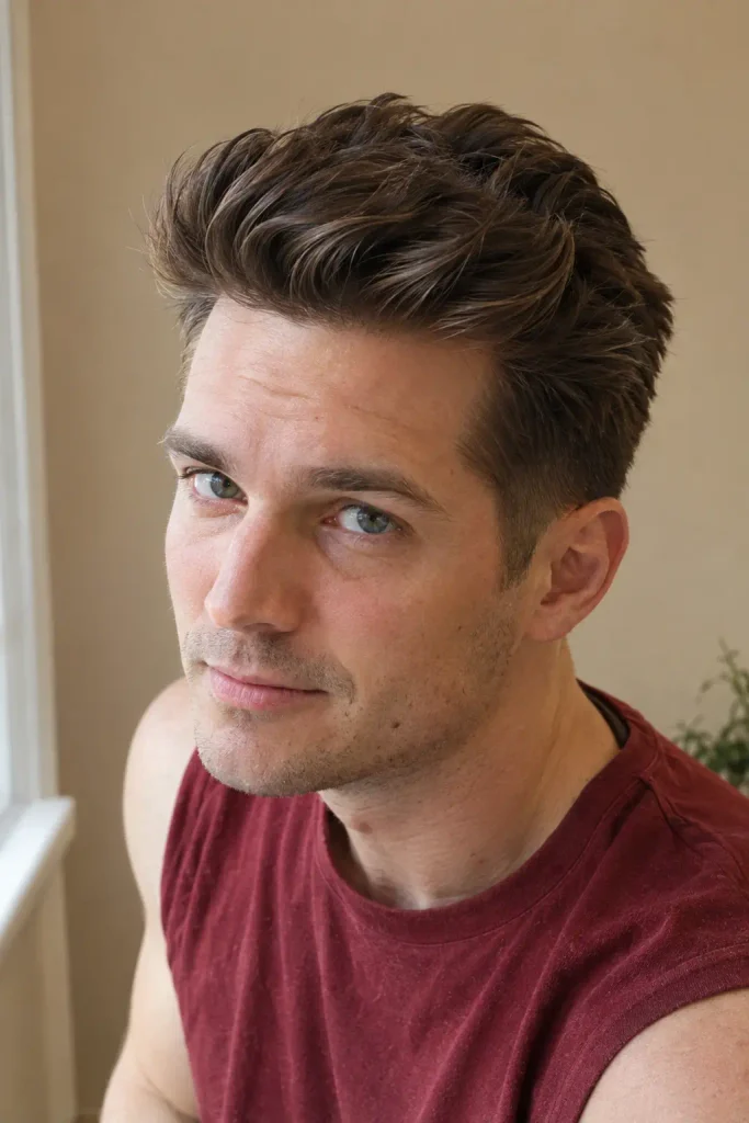 young white man with a dark-brown modern pompadour haircut, voluminous swept-back top, tapered sides, and natural textured hair, photographed indoors in natural window light.