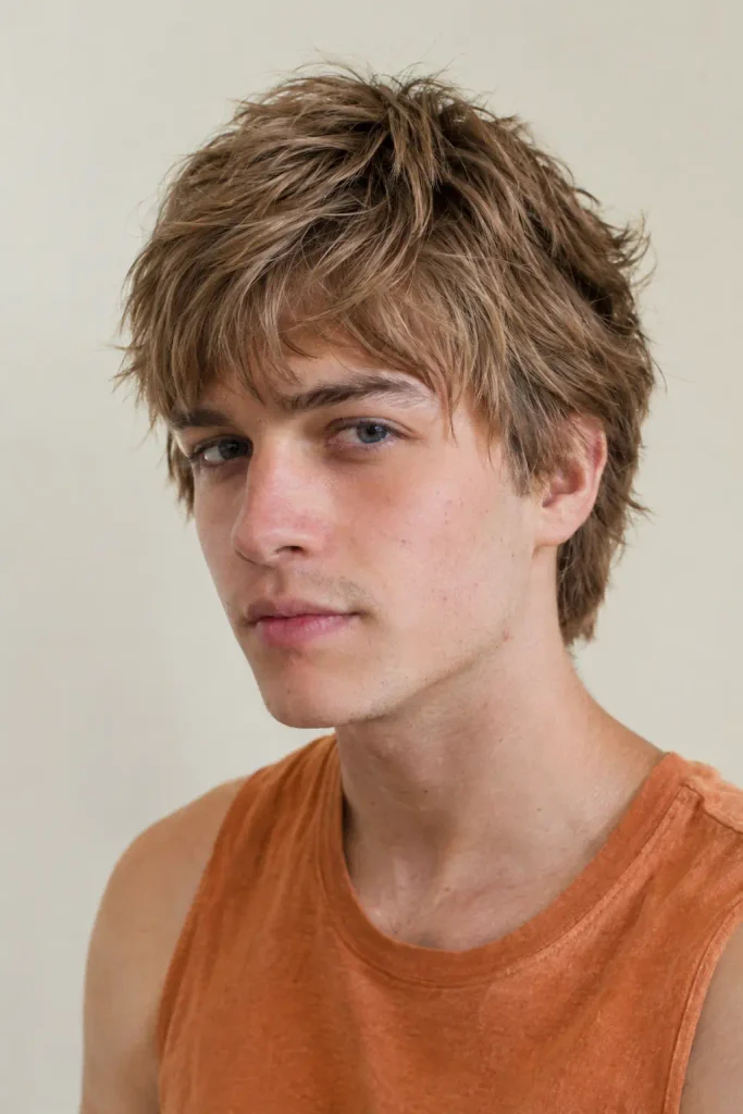 Short modern shag haircut on a young man with dark-blond layered hair, choppy textured ends, and a lightly tousled fringe.
