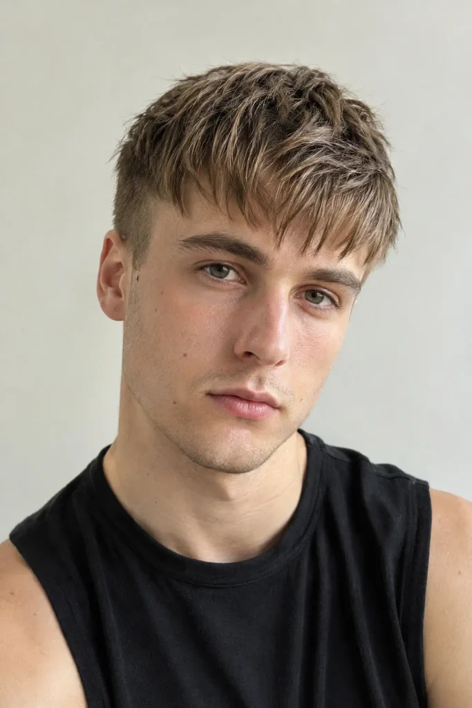 young man with dark-blond textured forward fringe haircut, point-cut bangs, tapered sides, and natural hair texture, wearing a black sleeveless shirt against an off-white background.
