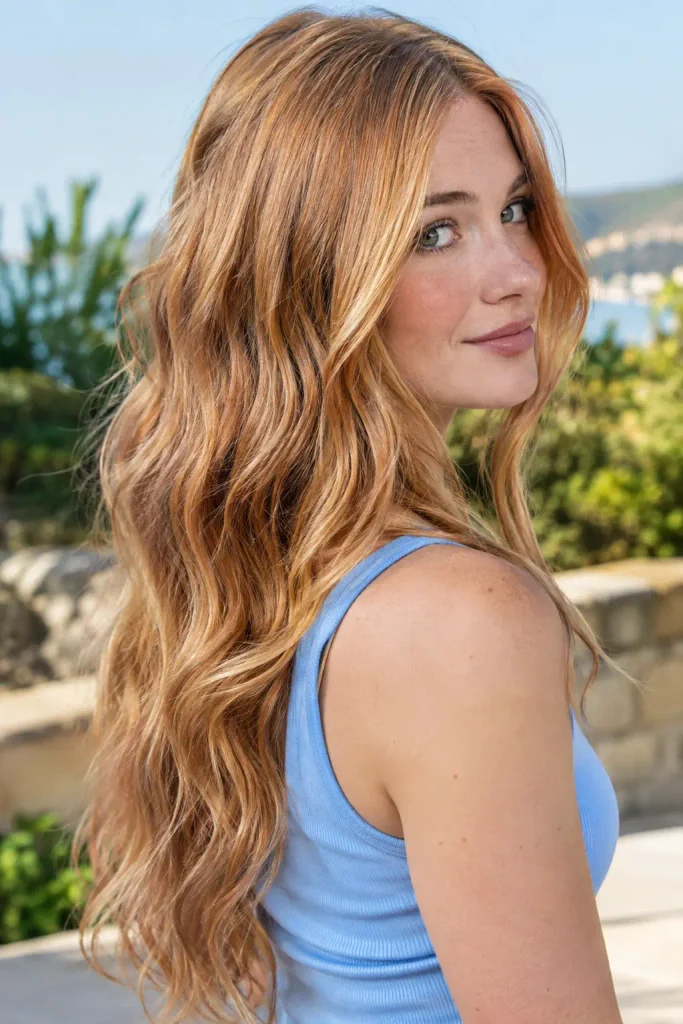 Long strawberry blonde wavy hair on a young woman in a sky-blue sleeveless top outdoors in natural summer light.
