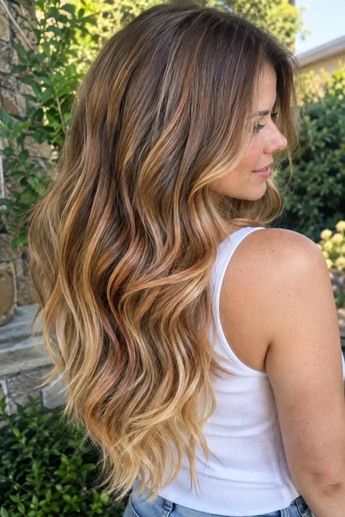 young woman with long brunette-to-strawberry blonde balayage hair, featuring honey, copper, golden blonde ribbons and relaxed waves, photographed from a side-back angle outdoors.