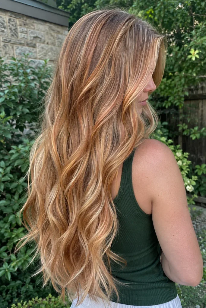 Young woman with extremely long strawberry blonde balayage hair featuring dark blonde roots, copper, honey and golden blonde tones in loose layered waves.