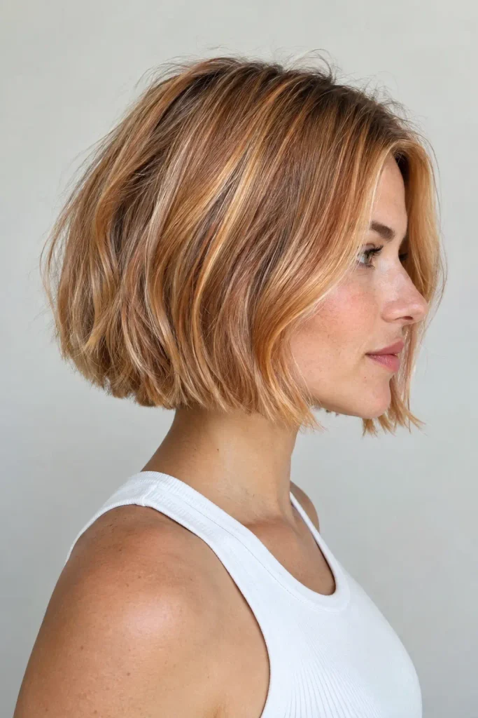 woman with a chin-length strawberry blonde bob featuring copper, golden blonde, and subtle peach highlights, shown in side profile.