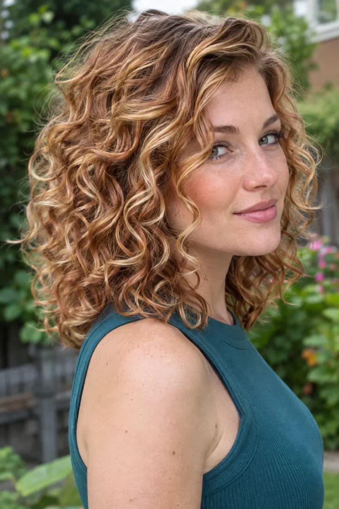 young woman with shoulder-length curly strawberry blonde hair featuring copper, honey-gold, peach, and golden-blonde highlights, shown in a three-quarter side view outdoors.