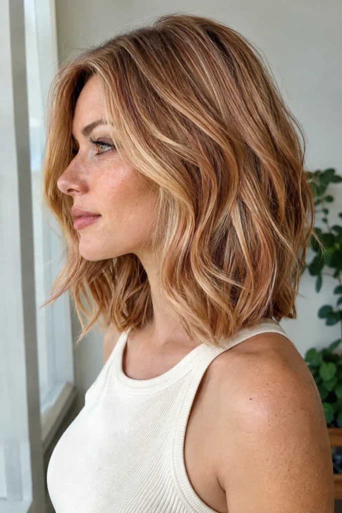 woman with a collarbone-length strawberry blonde lob, warm copper tones, honey and golden blonde ribbons, darker roots, softly bent ends, and subtle layers in a natural side-profile portrait.