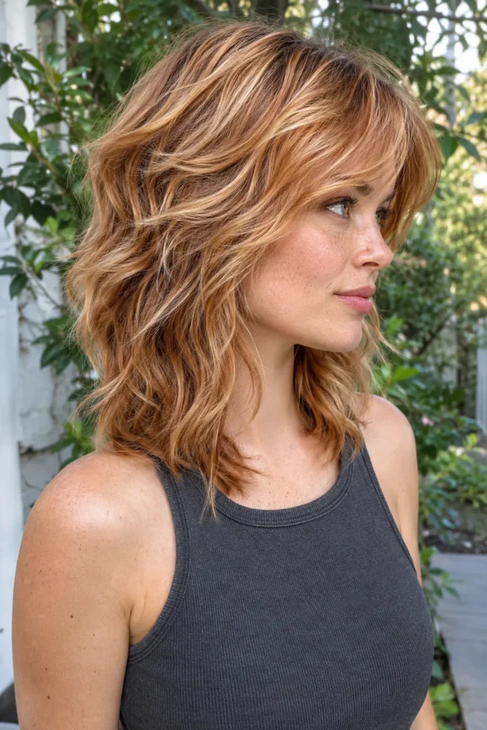 young woman with a medium-length textured strawberry blonde shag haircut featuring feathered crown layers, tousled waves, and copper, honey, and golden highlights, photographed outdoors.