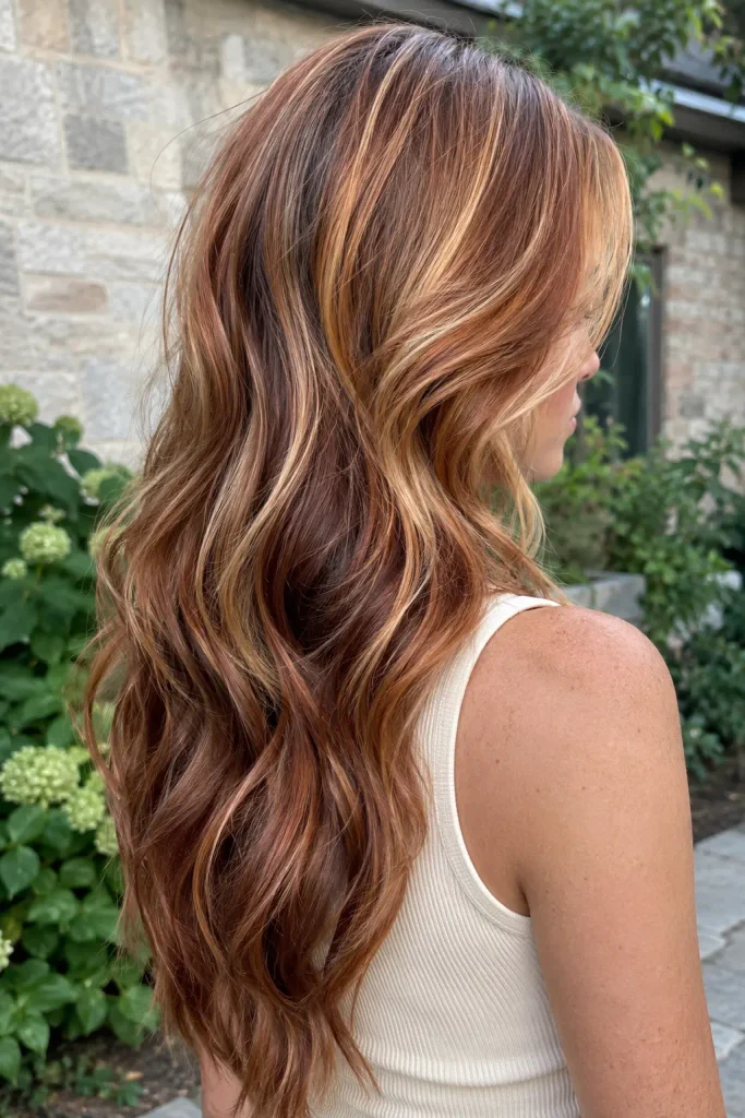 Photorealistic young woman with long layered strawberry blonde hair, deep auburn undertones, copper and honey ribbons, and natural waves viewed from a rear three-quarter angle.
