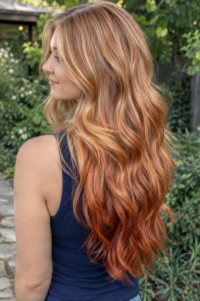 young woman with long layered strawberry blonde hair transitioning into rich copper ends, shown in a rear three-quarter view outdoors.