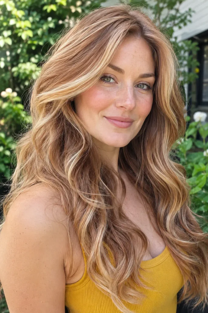 Young woman with long layered strawberry blonde hair featuring creamy blonde ribbons, soft copper tones, and dimensional face-framing highlights, styled in loose waves outdoors.